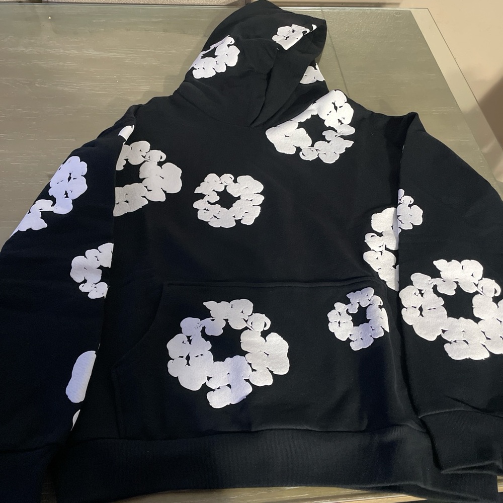 Black and white denim tear hoodie